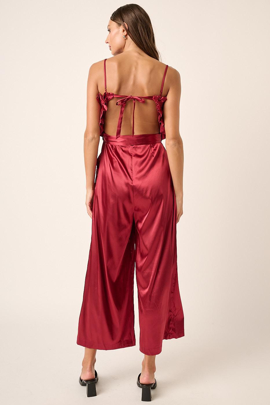 Wine Satin Ruffle Bust Wide Leg Jumpsuit