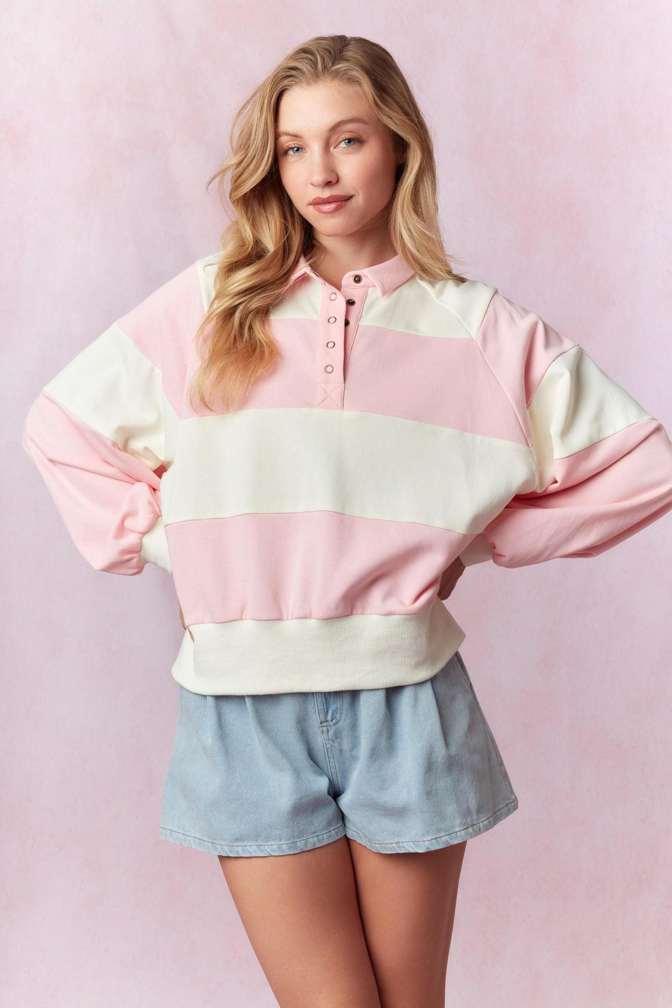 Pink/ivory Striped Snap Button Pullover