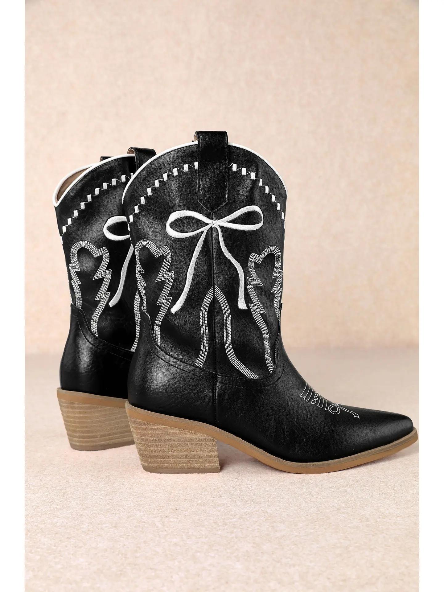 Zeta Bow-Embroidered Western Boot - Black