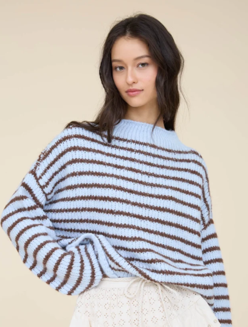STRIPE ROLLED - EDGE DETAIL LONG SLEEVE KNIT SWEATER - light blue