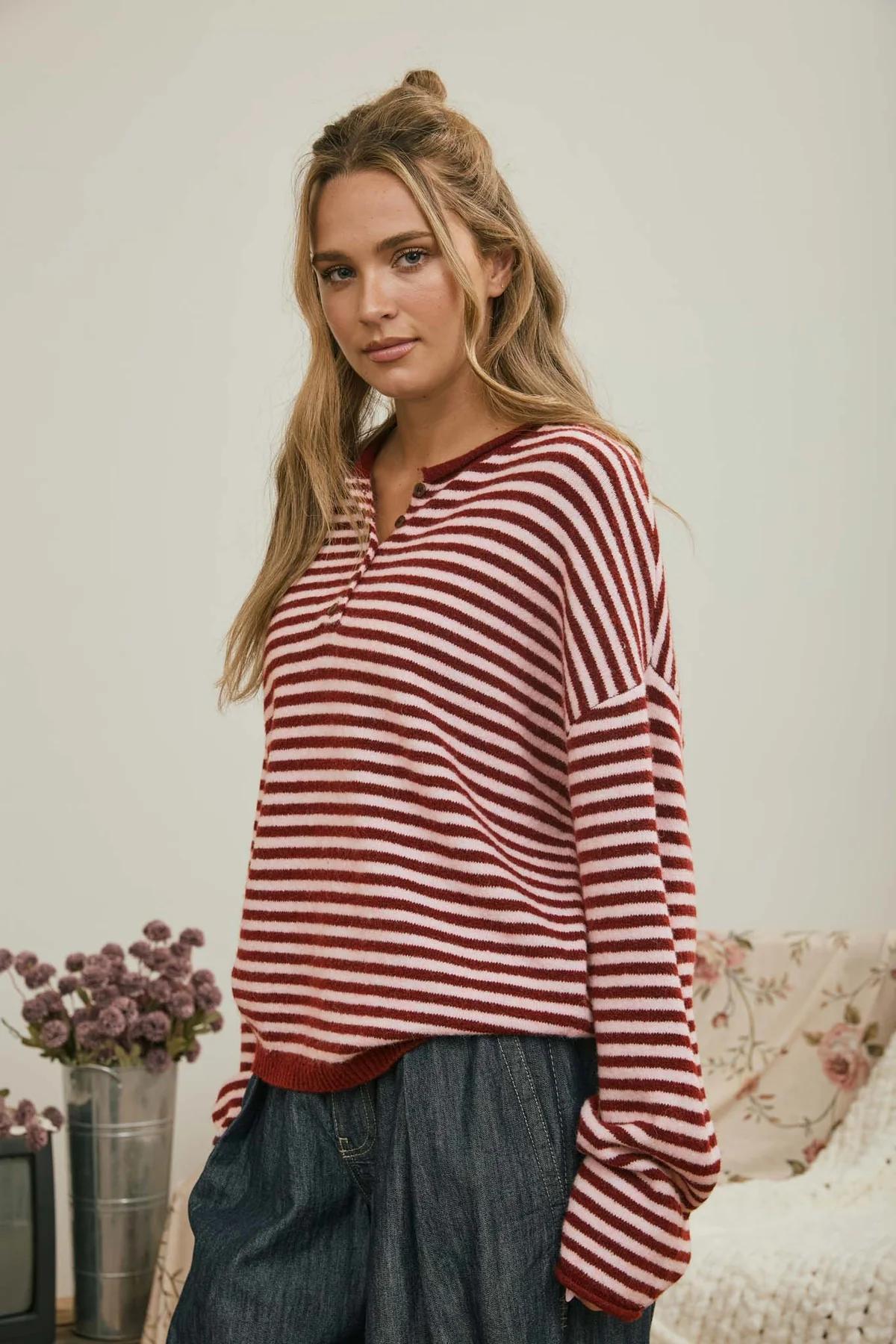 RED BUTTON HENLEY STRIPE LONG SLEEVE DROP SHOULDER SWEATER