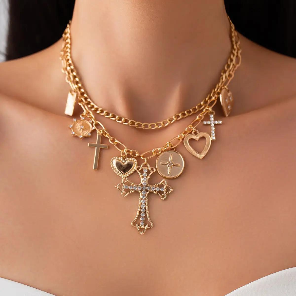 Charm Necklace-Multi Cross Charms Layered Necklace