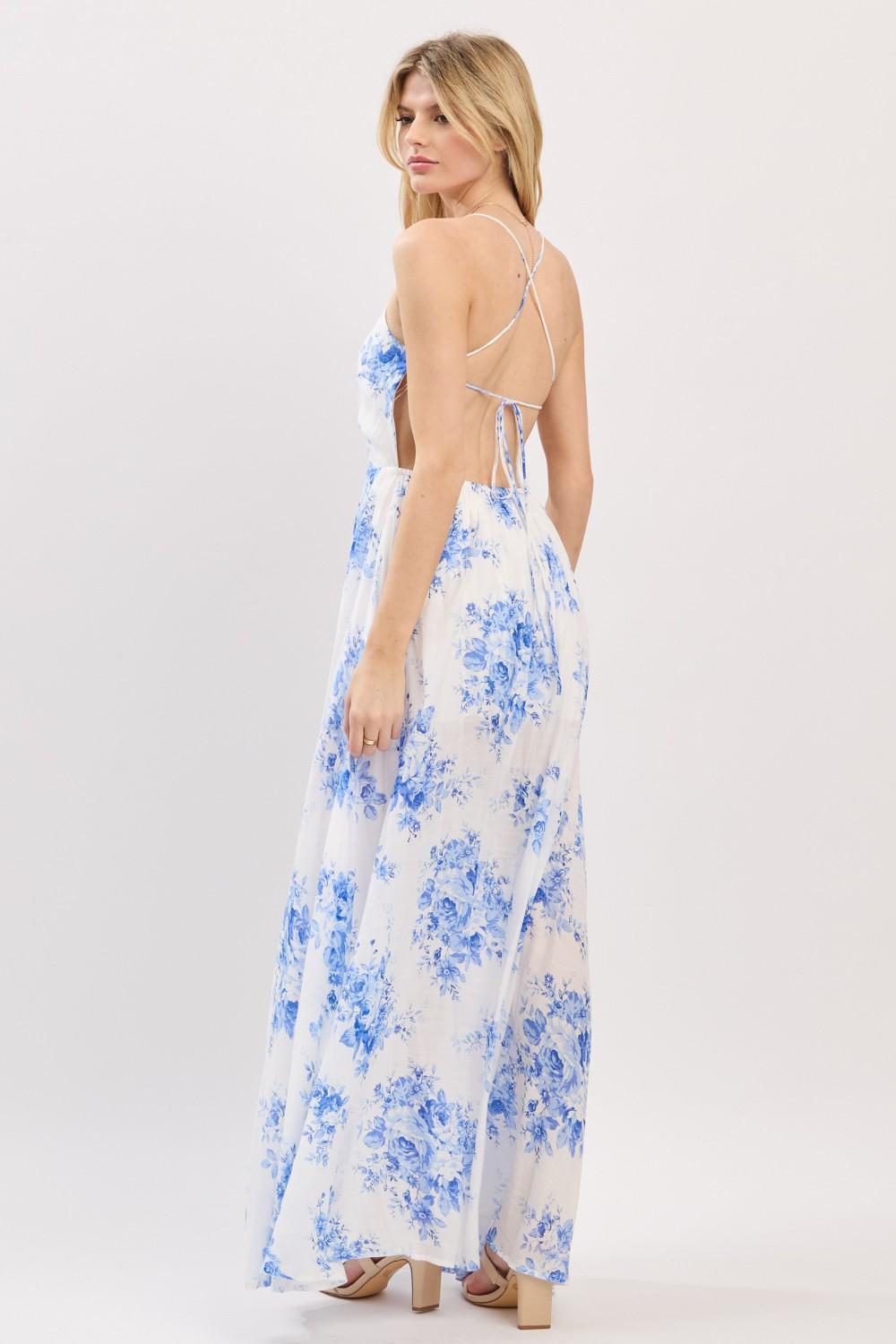 SLEEVELESS BLUE FLOWER PRINT MAXI DRESS