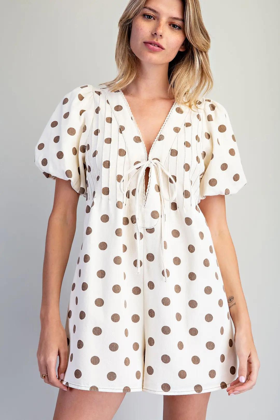 Oatmeal Mineral Washed Polka Dot Pleated Romper