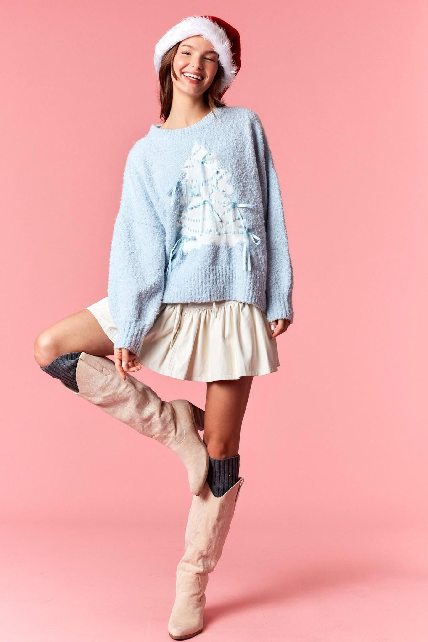 Christmas Tree Sweater W/ Satin Bow Detail