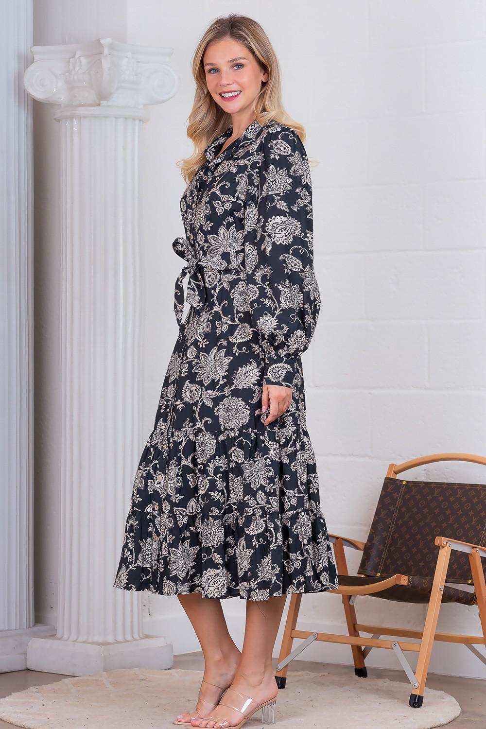 Paisley Floral Button-up With Self Tie Belt Dress