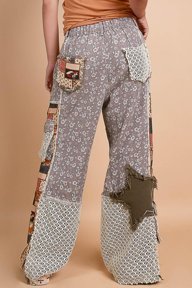 Printed Patchwork Twill Pants