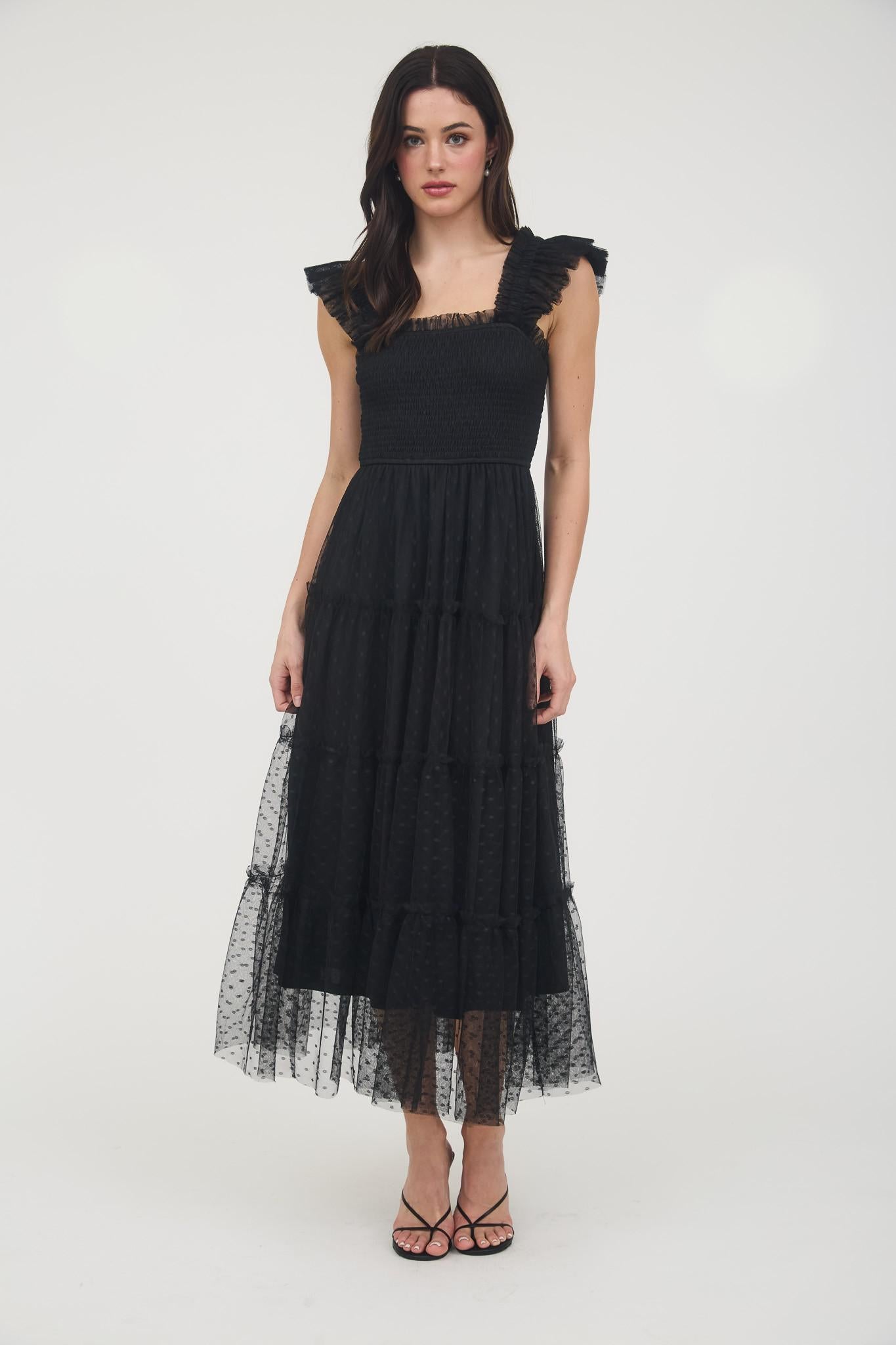 Polka Dot Chiffon Tiered Midi Dress