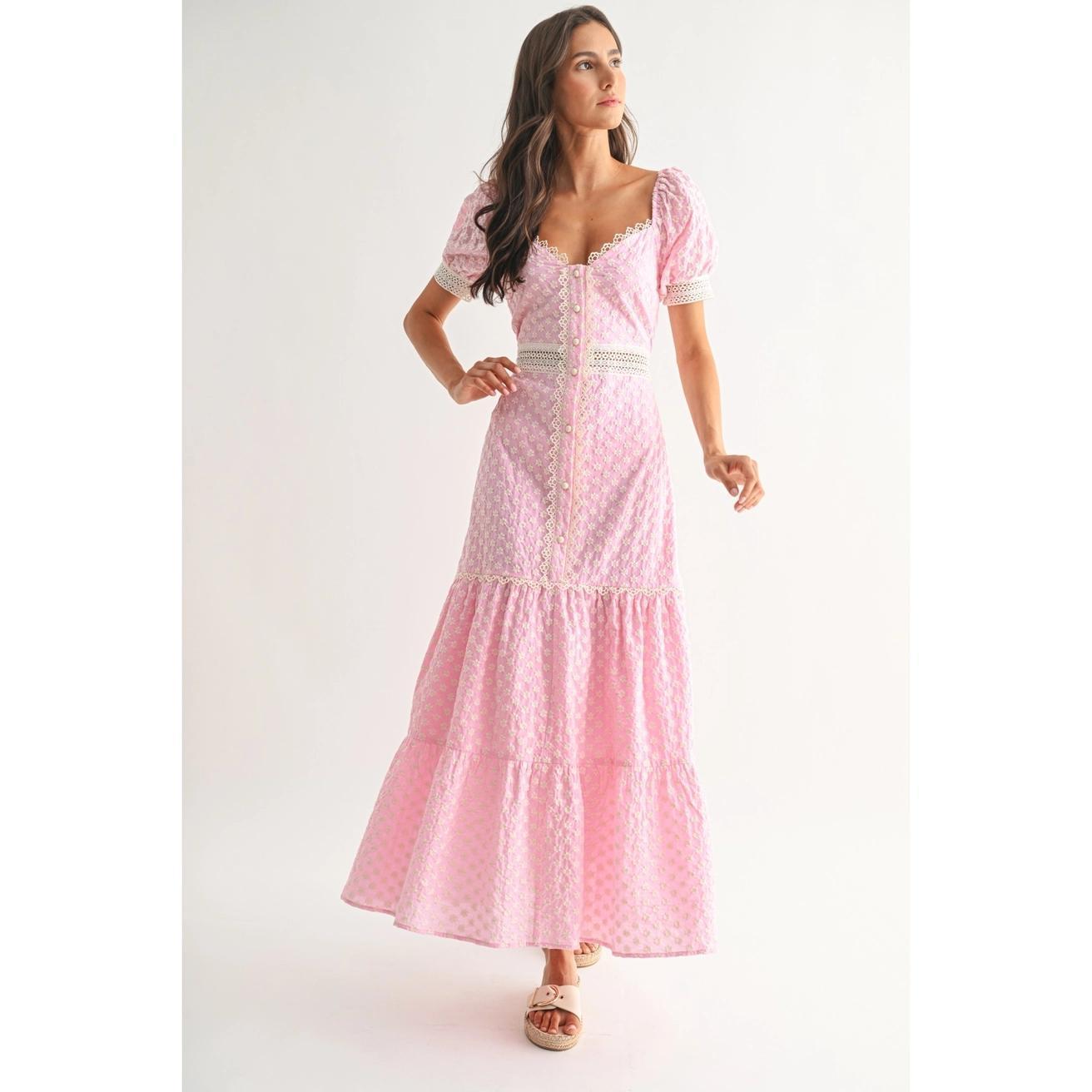 Pink Lace-Trimmed Maxi Dress