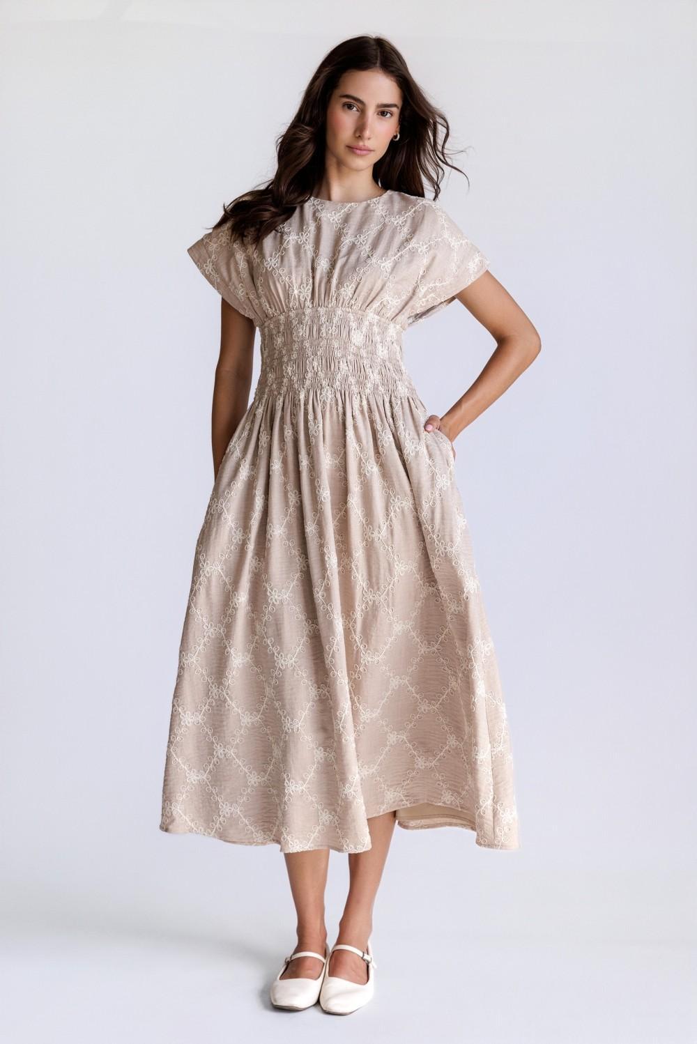 Beige/Ivory Embroidered Smocked Midi Dress