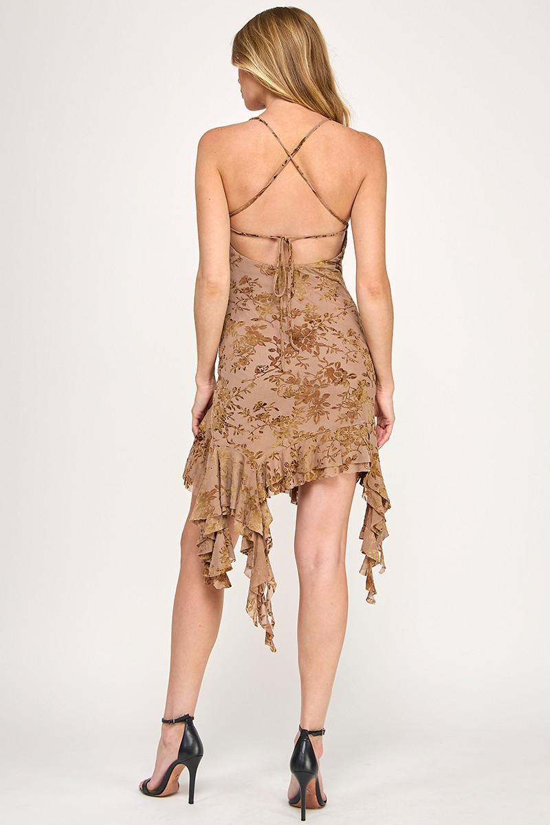 Mocha Burnout Mesh Sleeveless Ruffle Dress