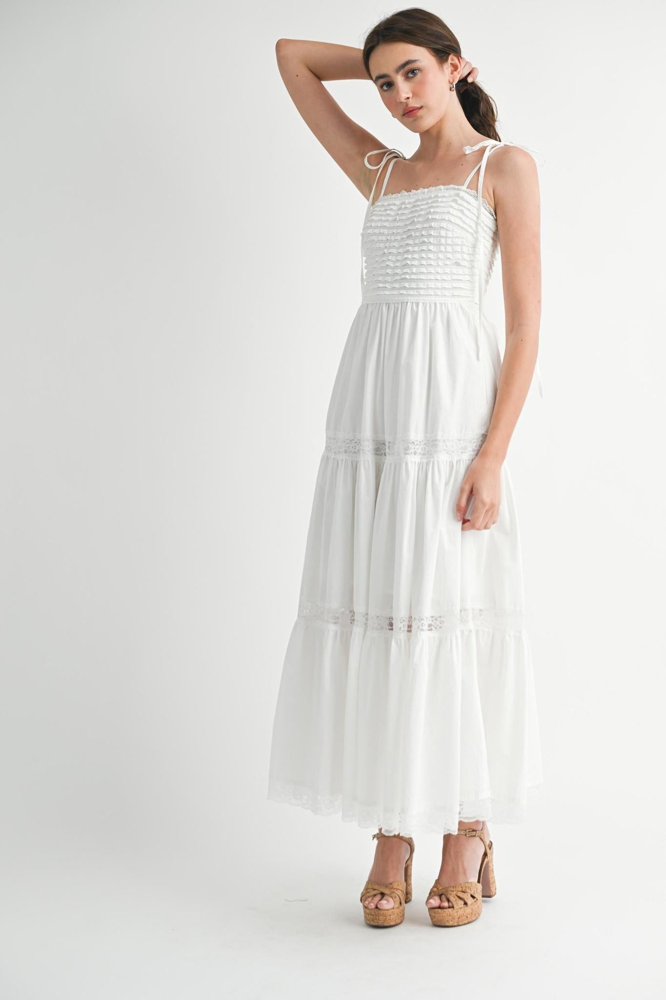 Ruffle Textured Self Tie Lace Trim Midi Dress