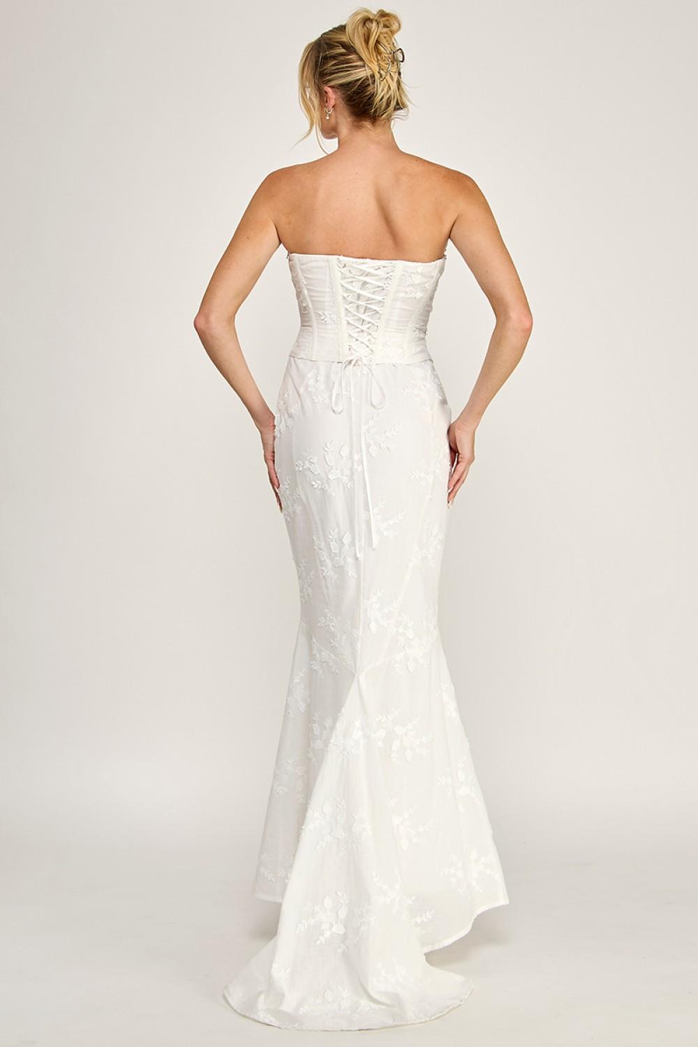 IVORY EYELET STRAPLESS CORSET LACE- UP MAXI DRESS