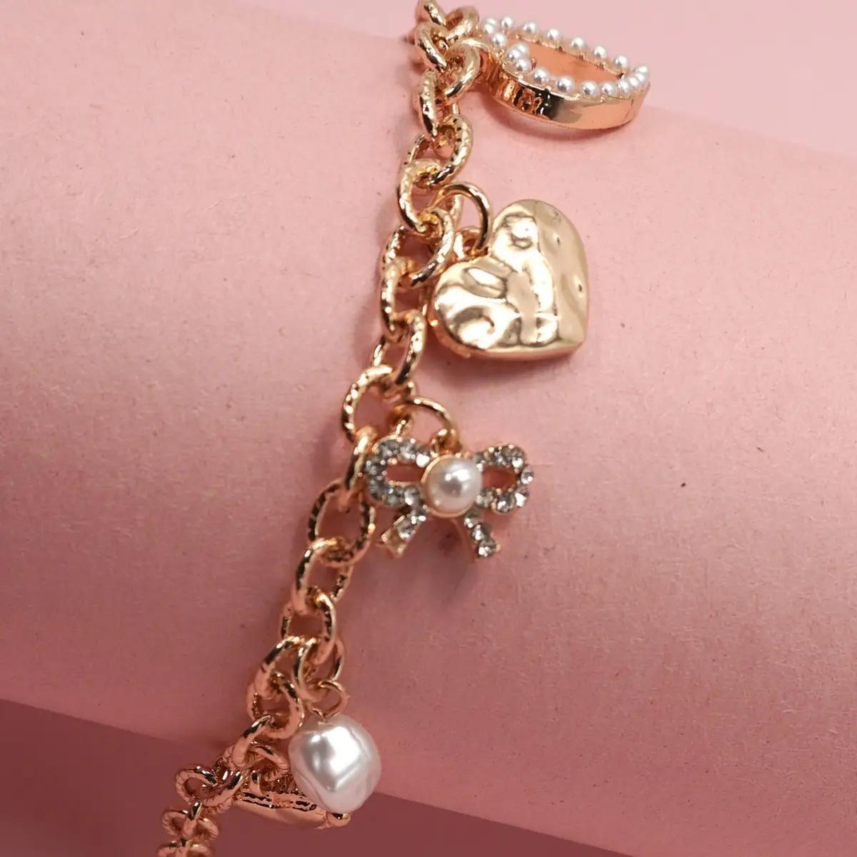 Charm Bracelet - Bow Heart Pearl Disc Charms