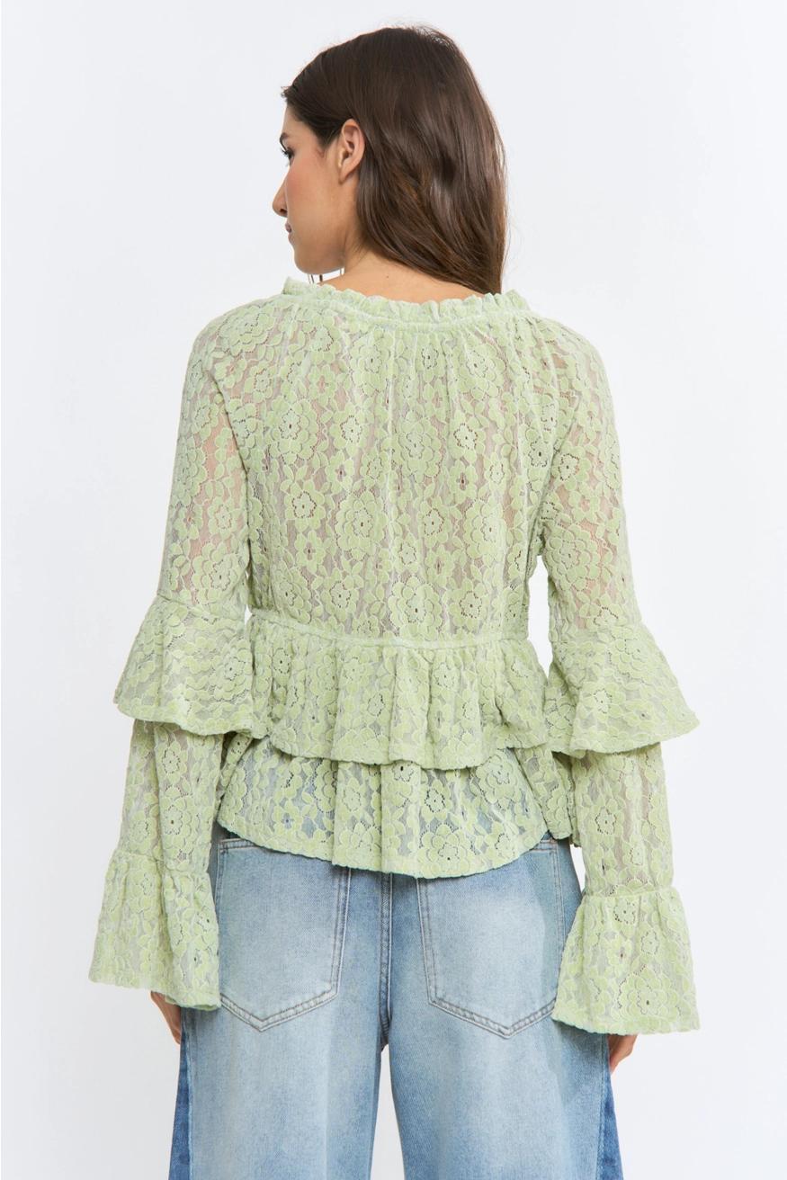 Sage Long Sleeve Lace Ruffle Blouse