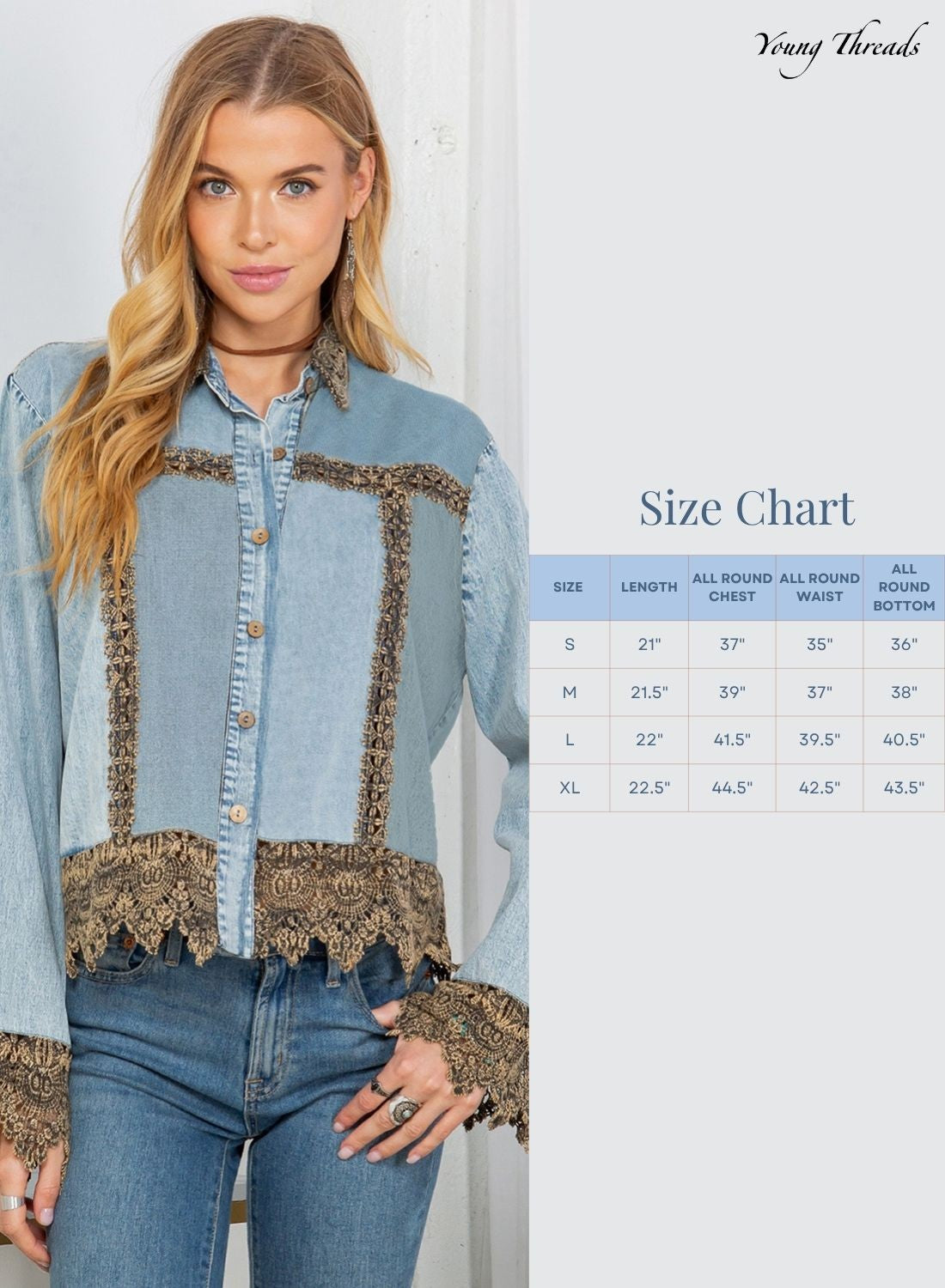 Ice-washed Denim Jacket With Gravel Lace