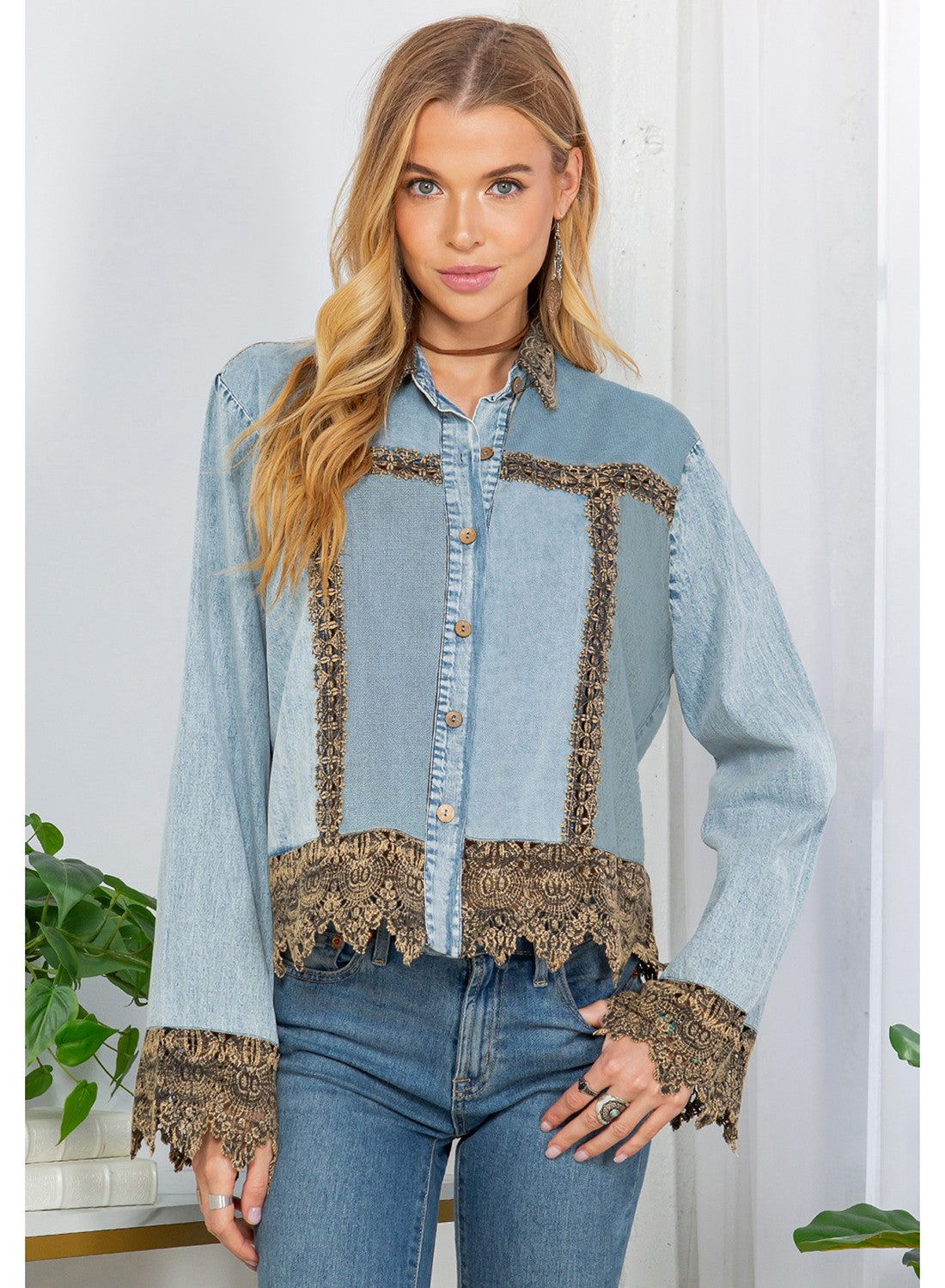 Ice-washed Denim Jacket With Gravel Lace