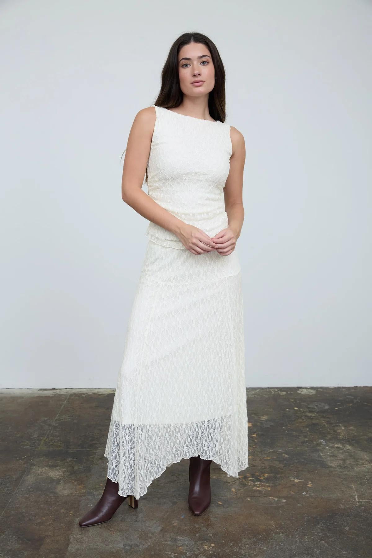Cream Lace Boatneck Top and Midi Skirt SET