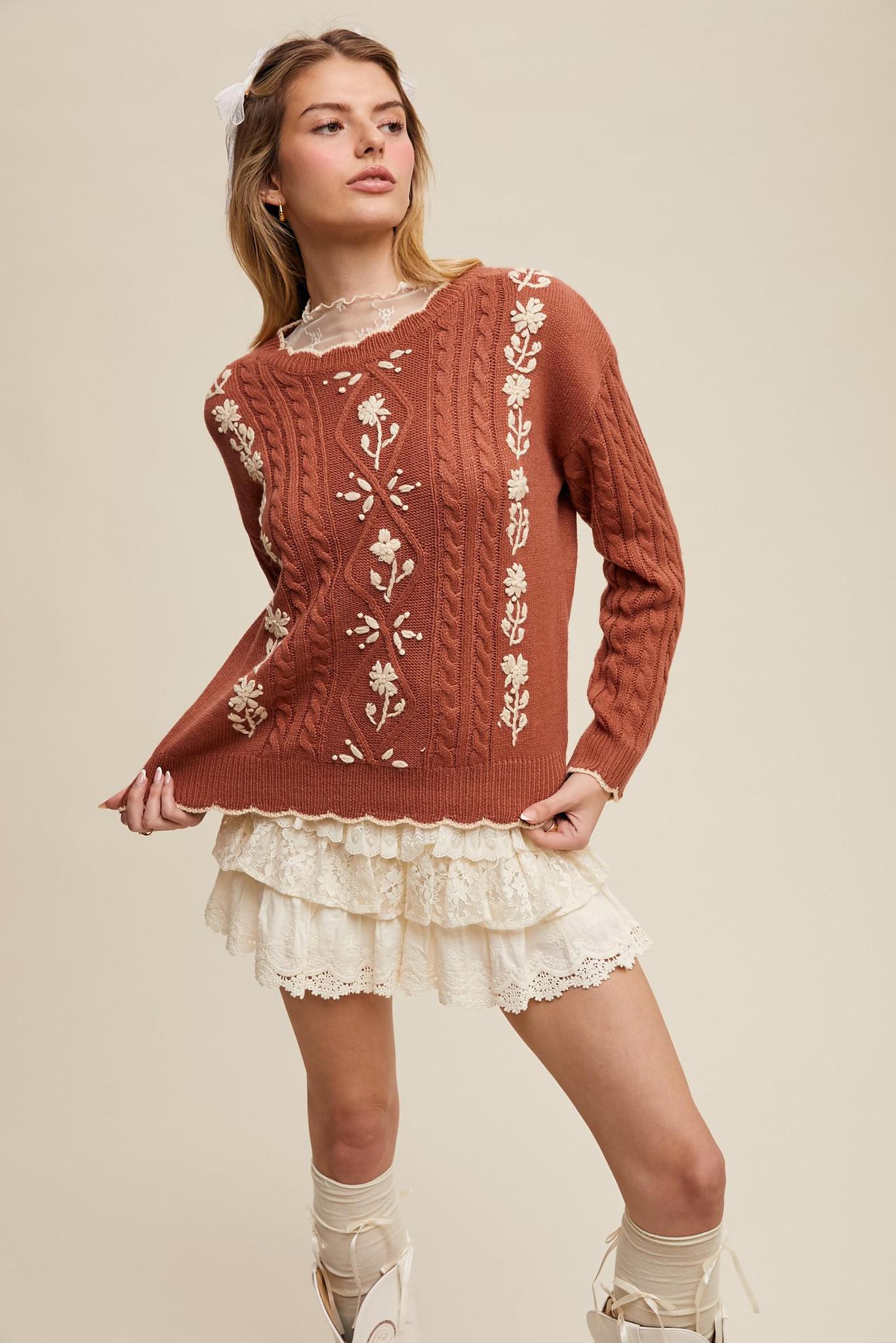 Floral Embroidered Cable Knit Sweater