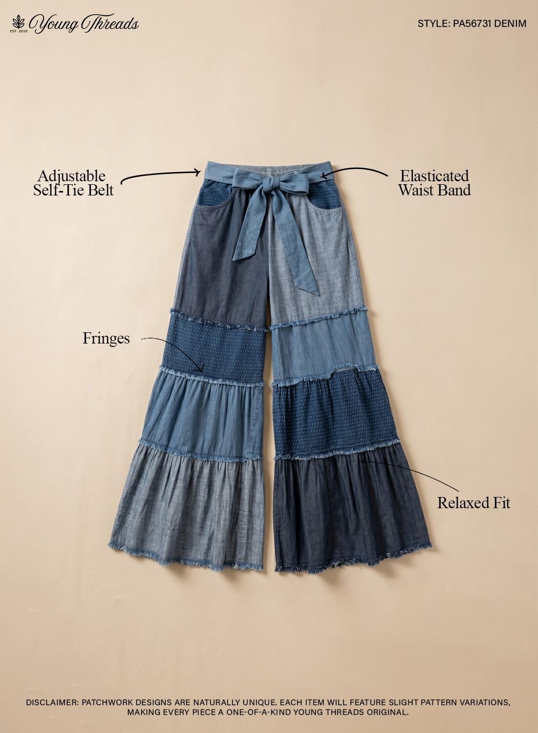 Boho Mixed-wash Multi-tier Denim Tie-waist Bell-bottom Pant