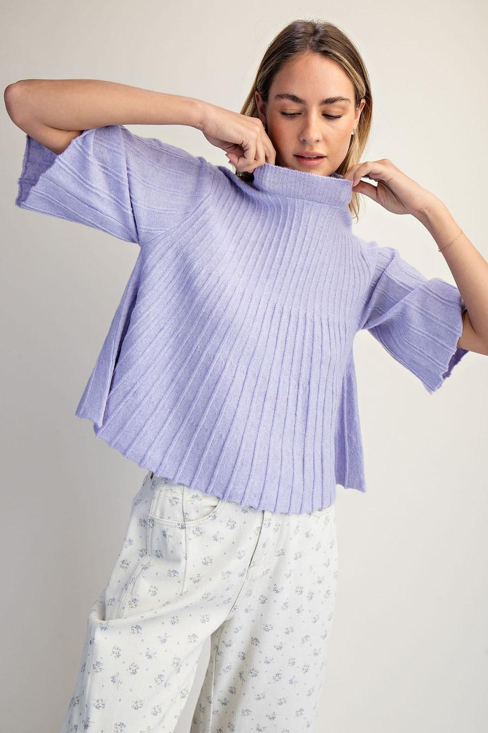 Short-Sleeve Mock-Neck Swing Sweater
