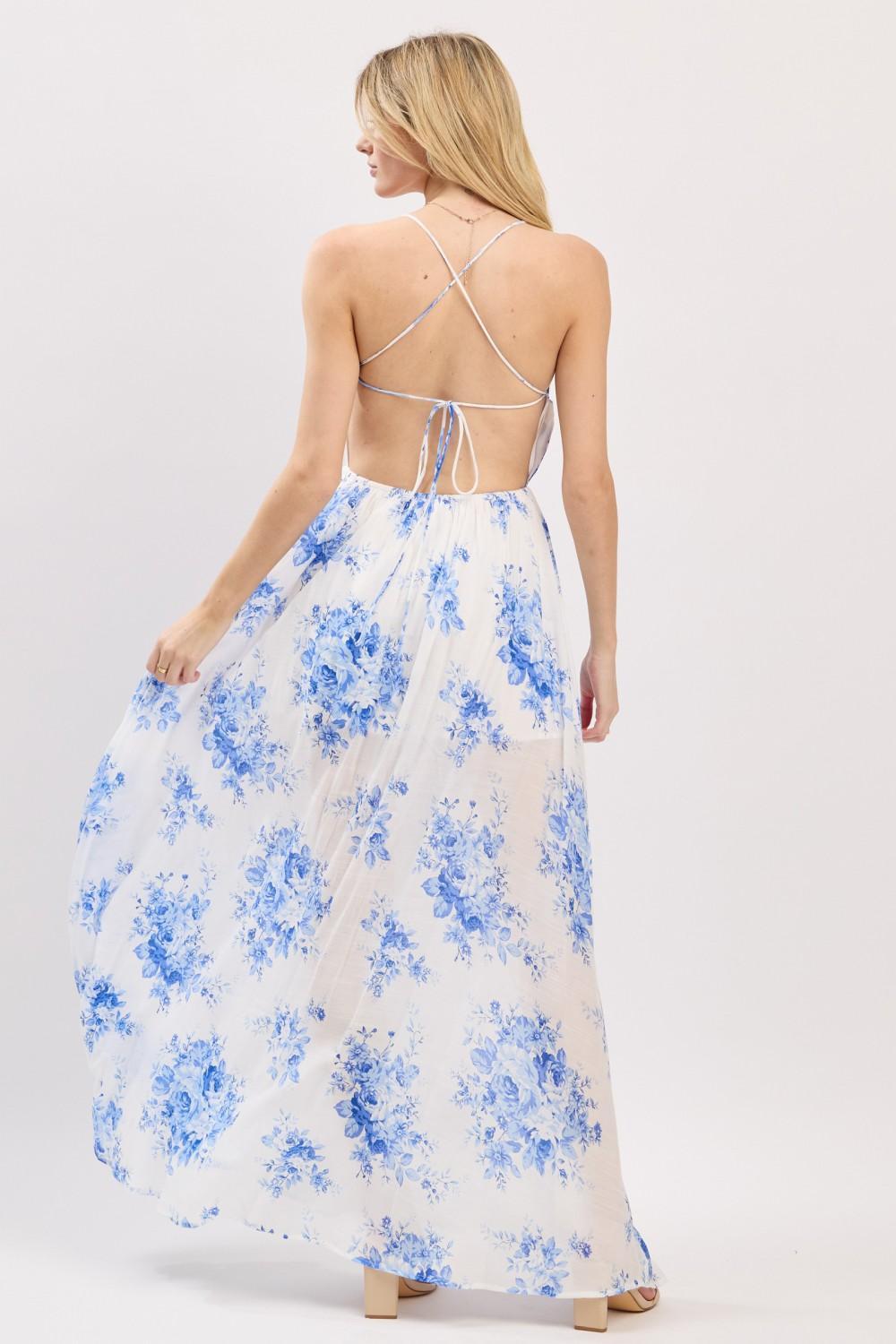 SLEEVELESS BLUE FLOWER PRINT MAXI DRESS