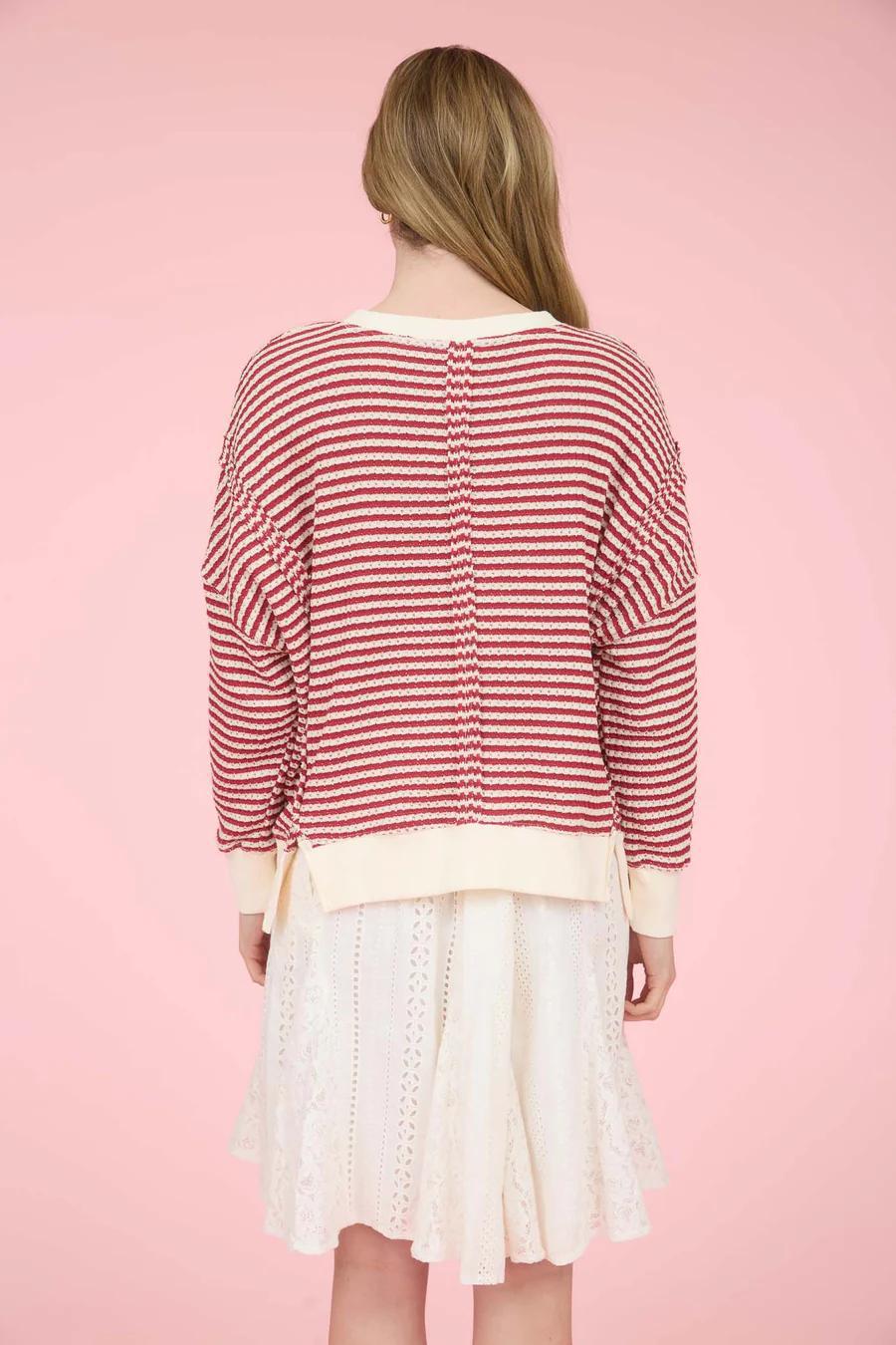 Red/Cream Striped Exposed Seam Knit Top