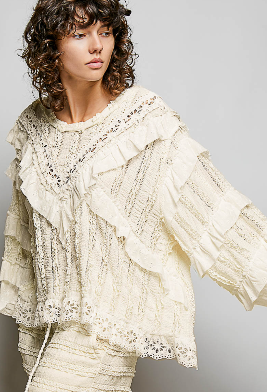 Eyelet Ruffle Raw Edge Trim Lace Solid Knit Top