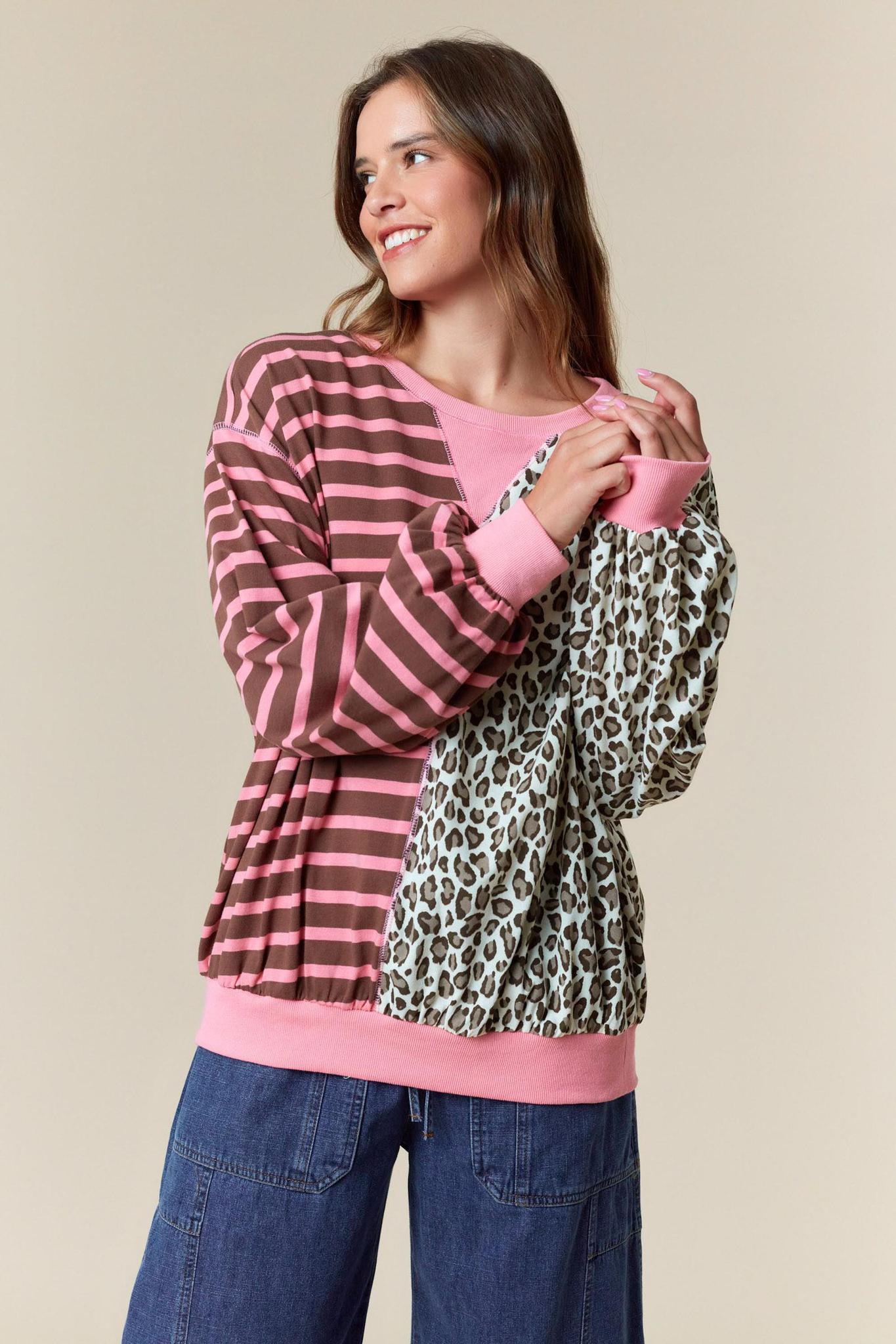Half&half Color Block Stripe & Leopard Sweatshirt