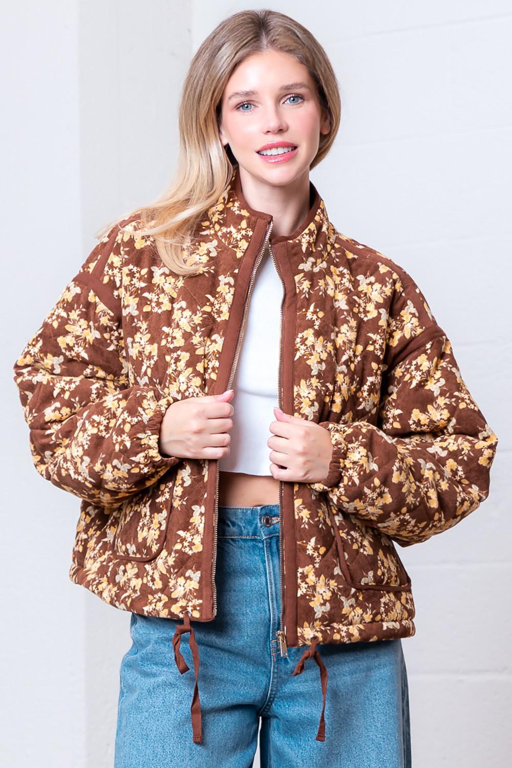 High-Neck Printed Corduroy Quilting Jacket