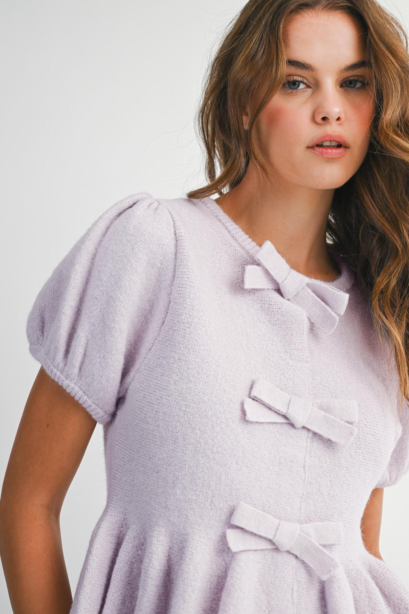 Lavender Knit Puff Sleeve Bow Detail Peplum Top