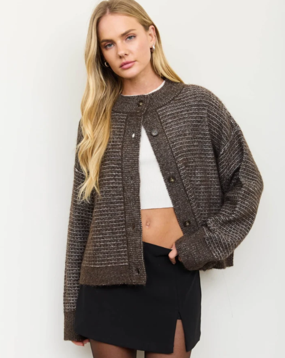MARLED RIBBED TRIM BUTTON DOWN KNIT CARDIGAN