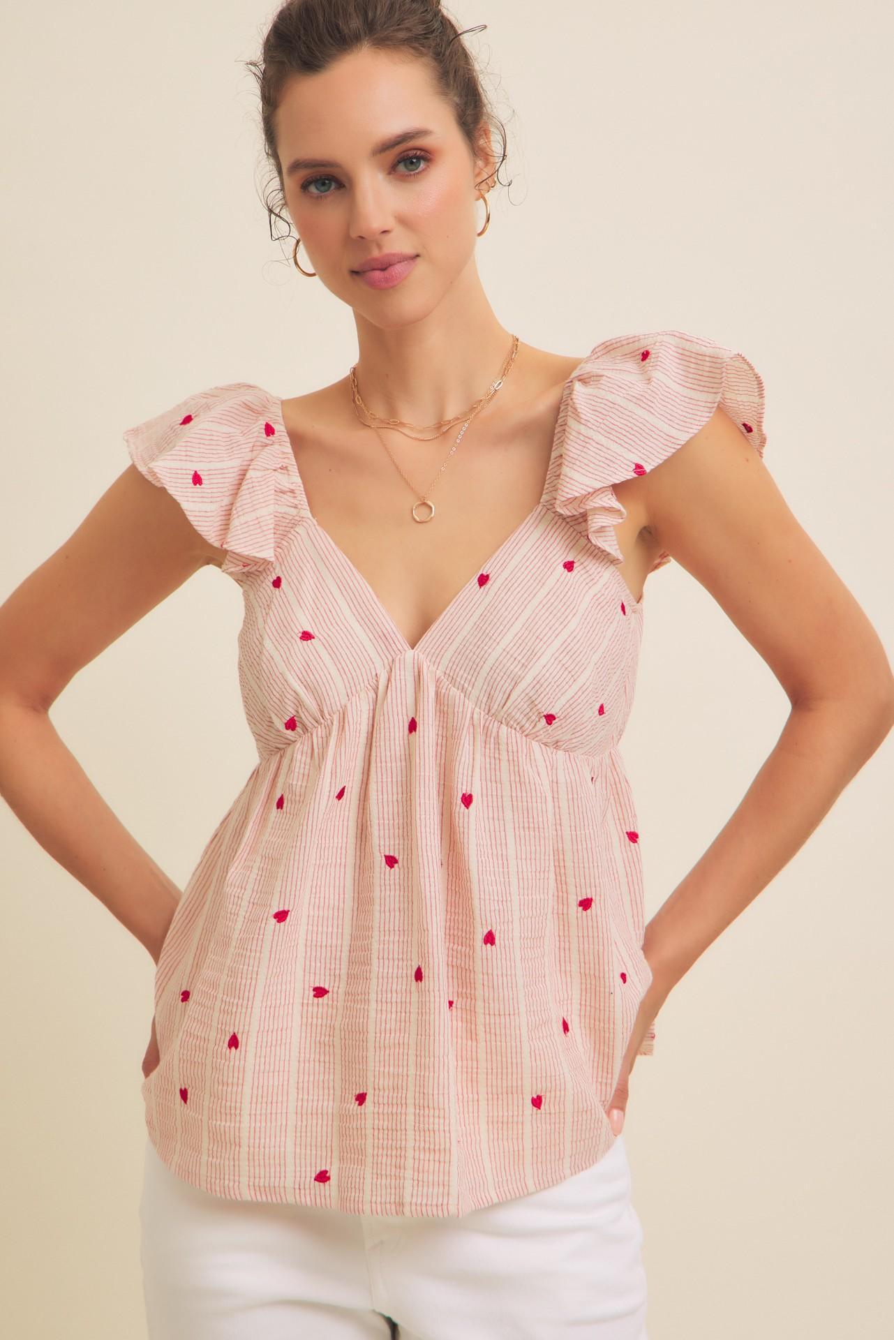 Heart Embroidery Stripe Cotton Linen Blend Top