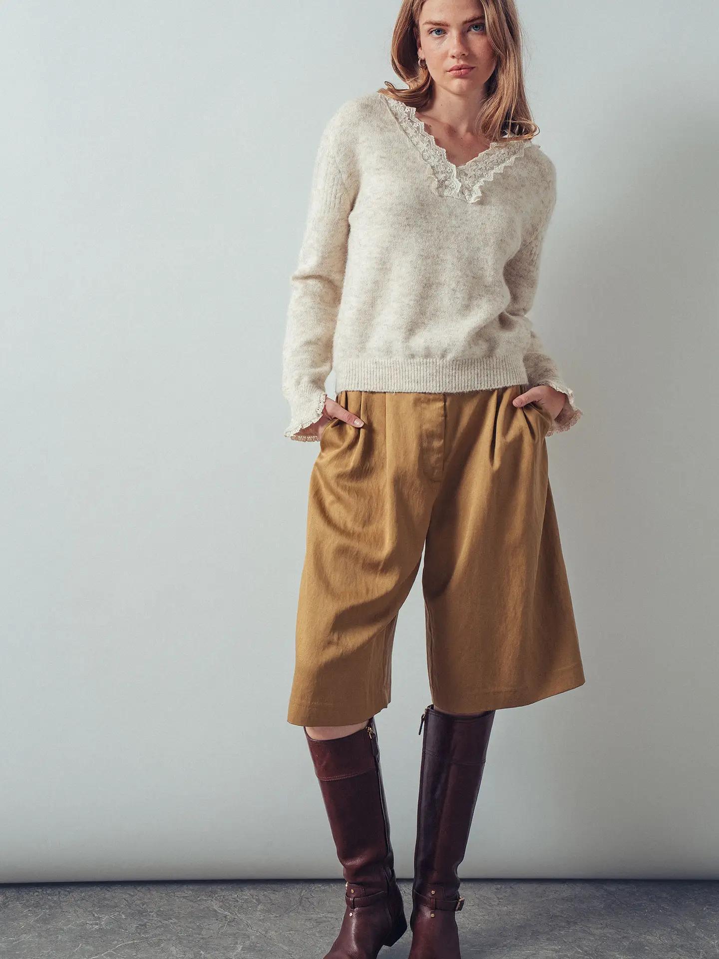 Lace Trim V-Neck Heathered Knit Sweater