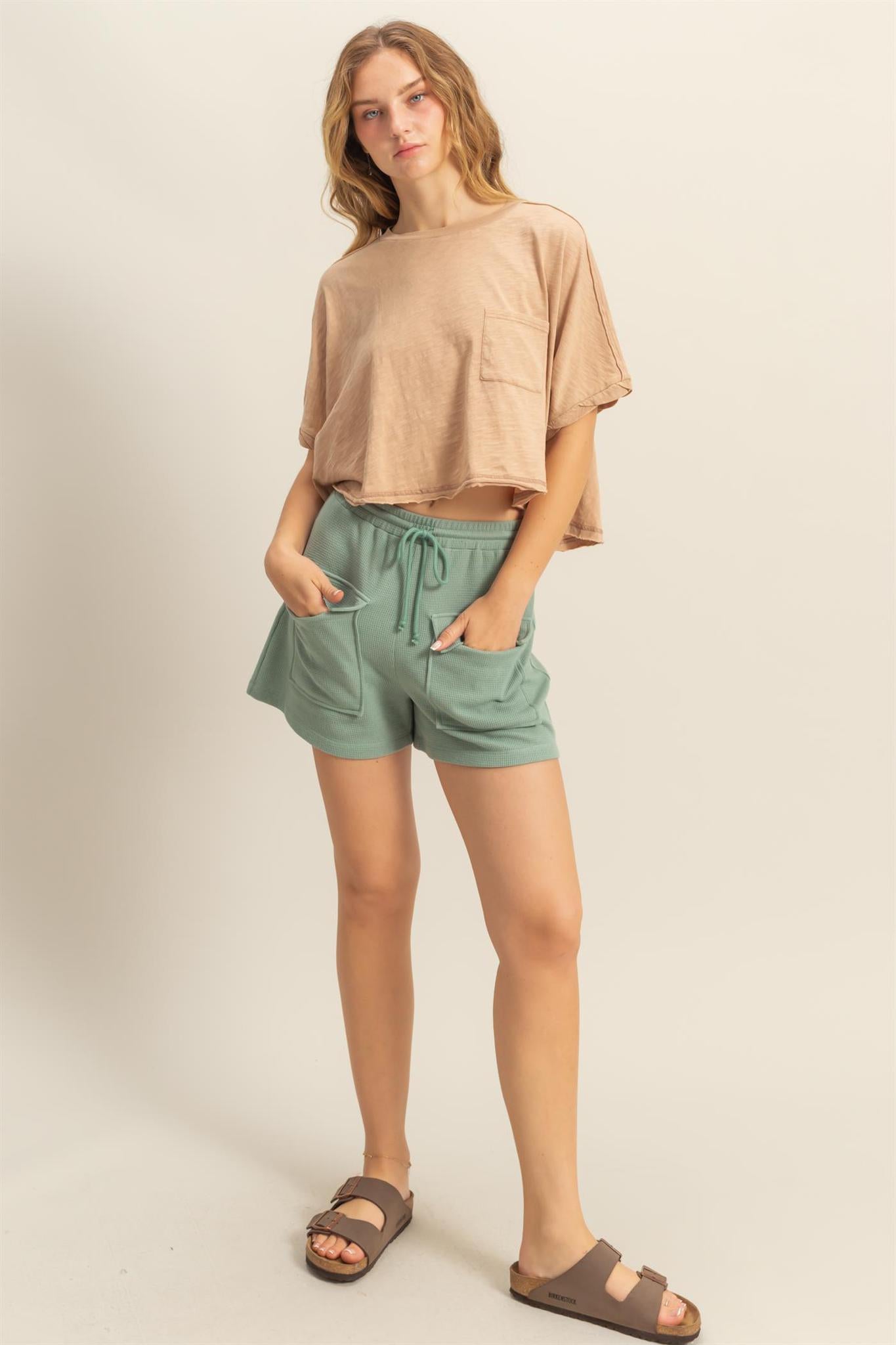 Sage Green Waffle Knit Front Pocket Shorts