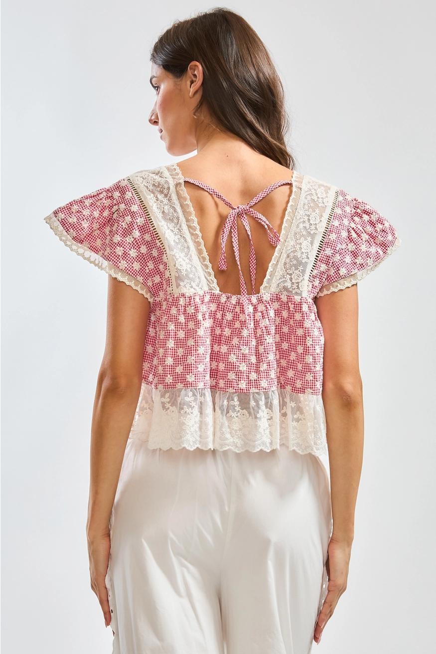 Red Gingham Lace Trim Blouse