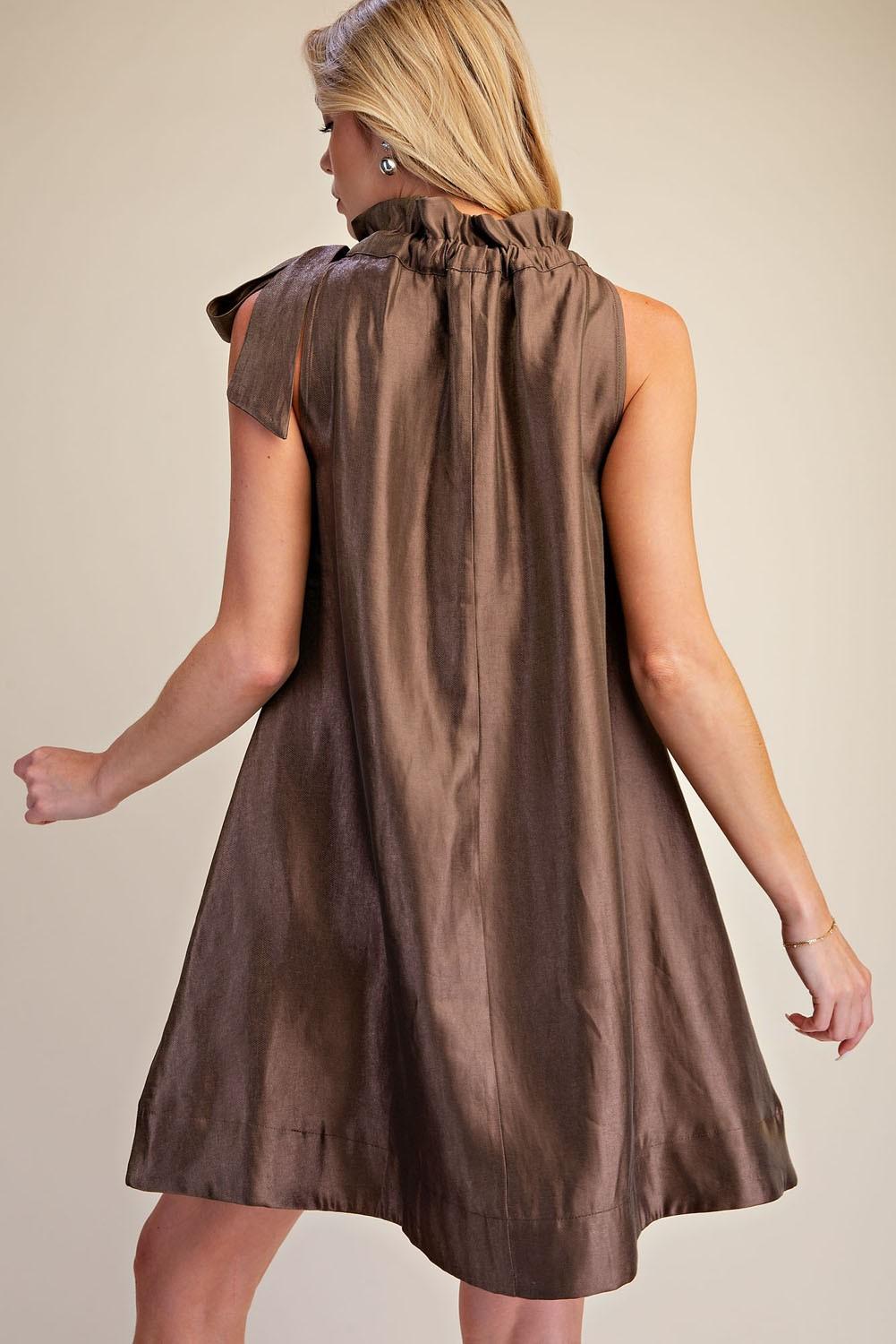 Mocha Ruffle Tie Neck Sleeveless Side Pocket Mini Dress