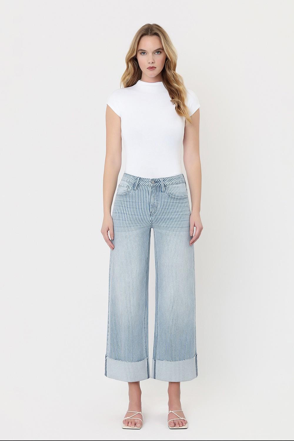High Rise Cuffed Striped Crop Wide Jeans