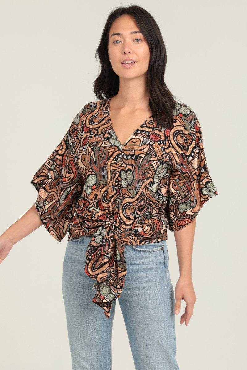 Black Kimono Sleeve Cactus Print Tie Waist Top