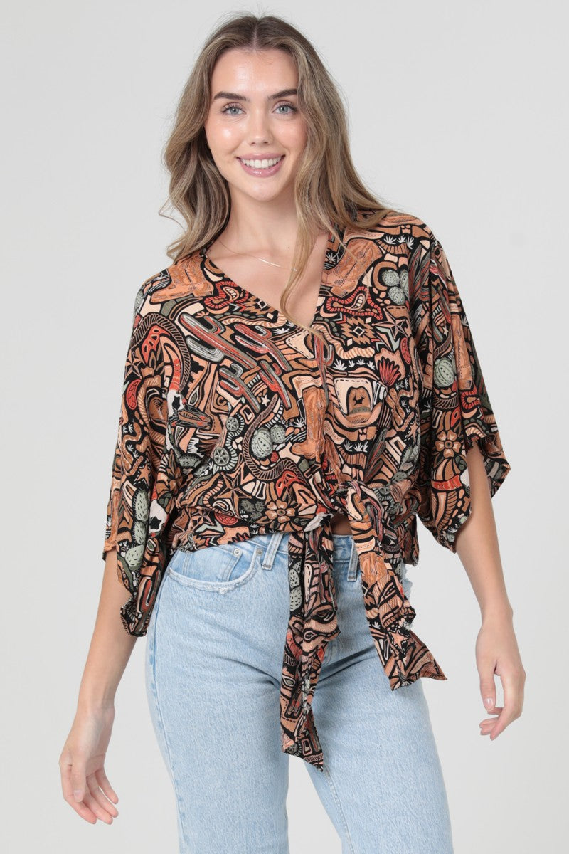 Black Kimono Sleeve Cactus Print Tie Waist Top