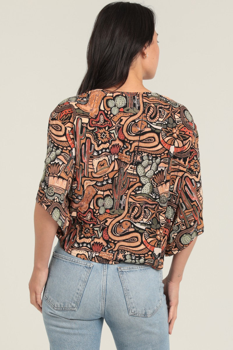Black Kimono Sleeve Cactus Print Tie Waist Top