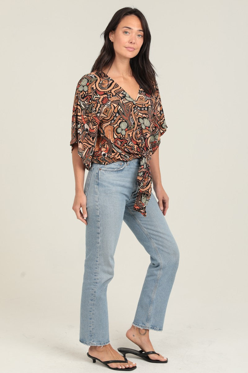 Black Kimono Sleeve Cactus Print Tie Waist Top