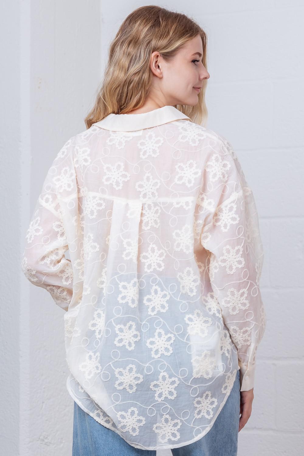 Cream Floral Embroidery Button Down Top