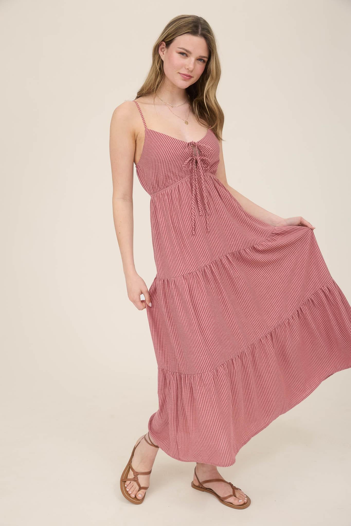 Striped Front Tie Tiered Midi Sundress
