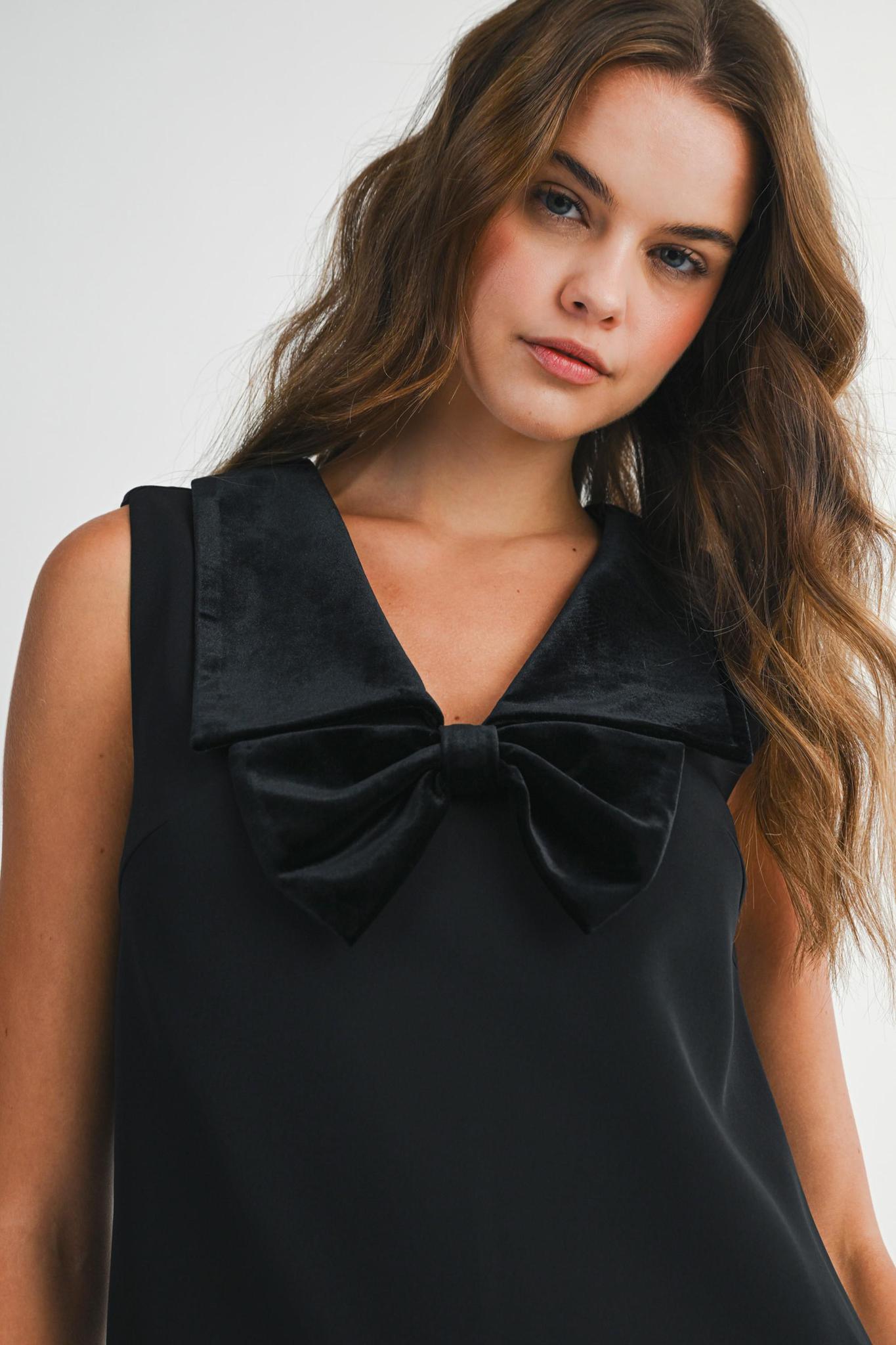 Solid Sleeveless Velvet Collar Bow Mini Dress