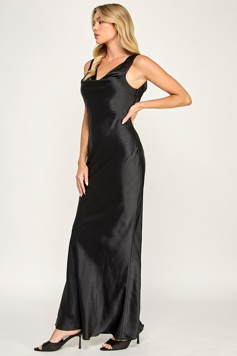Black Cowl Neck Satin Maxi Dress