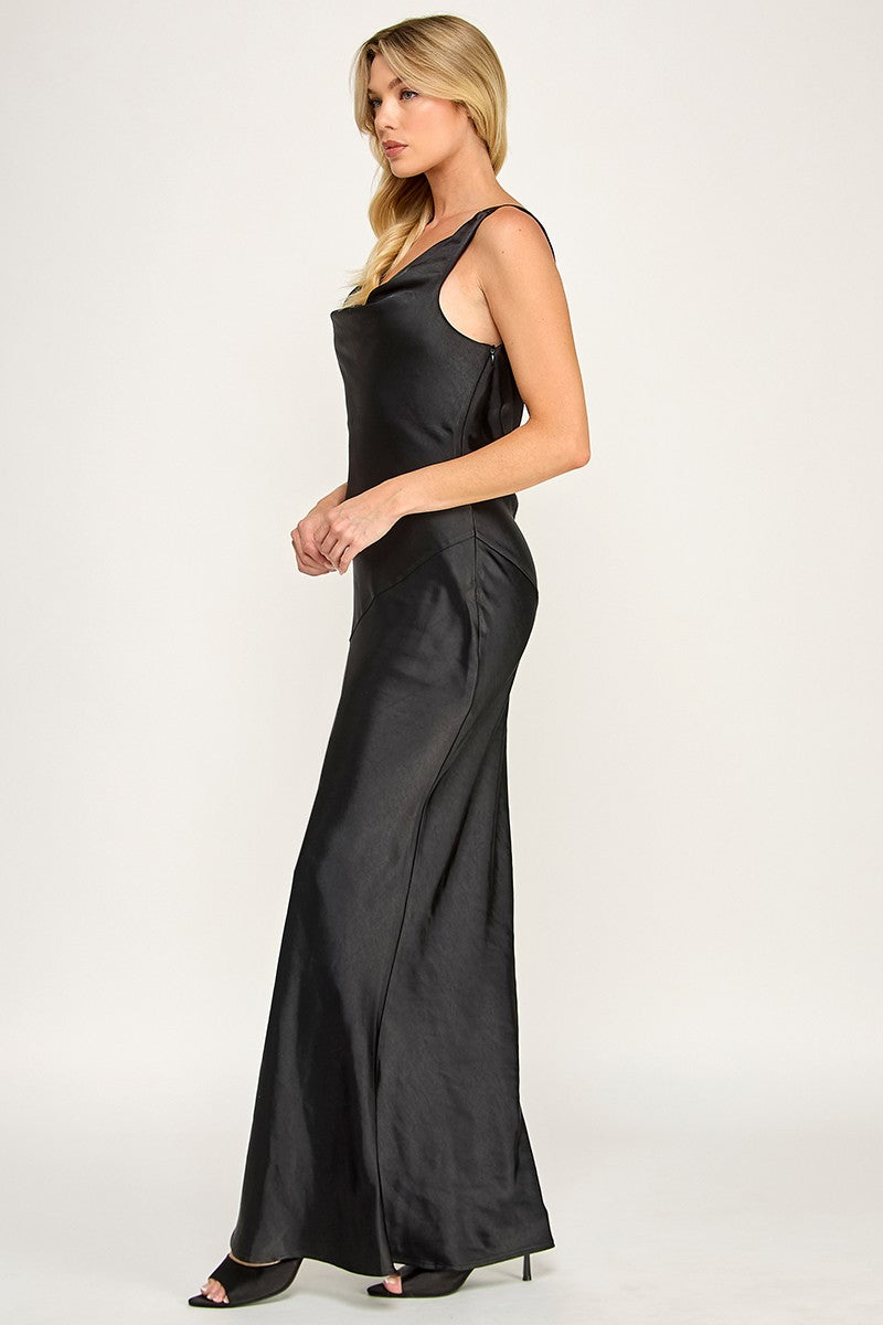 Black Cowl Neck Satin Maxi Dress