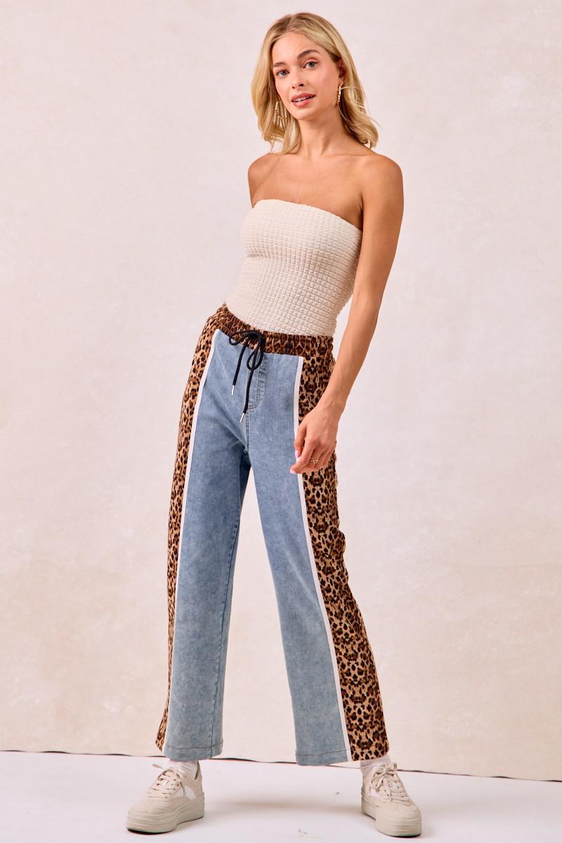 Washed Denim Leopard Mix & Match Pants
