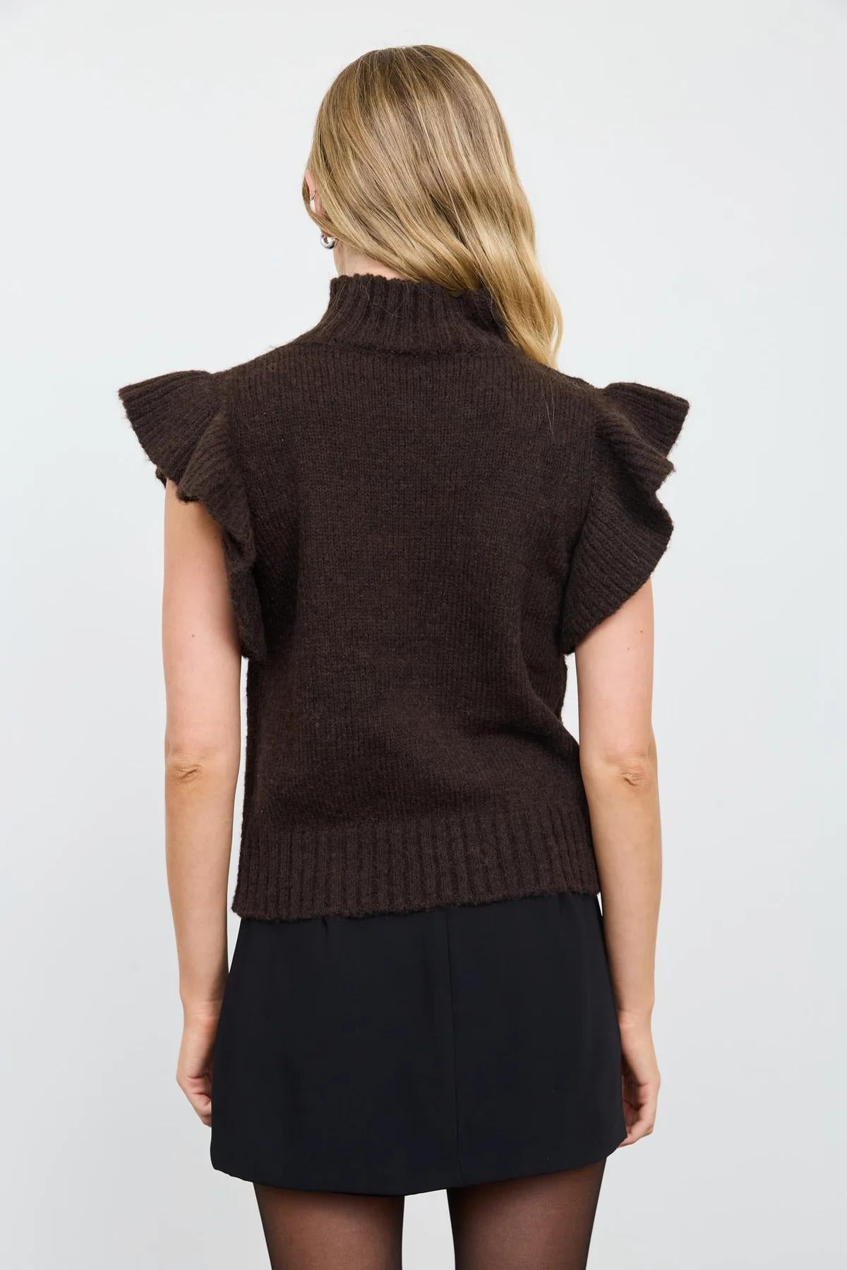 DARK BROWN RUFFLE SLEEVE MOCK NECK RIBBED SWEATER