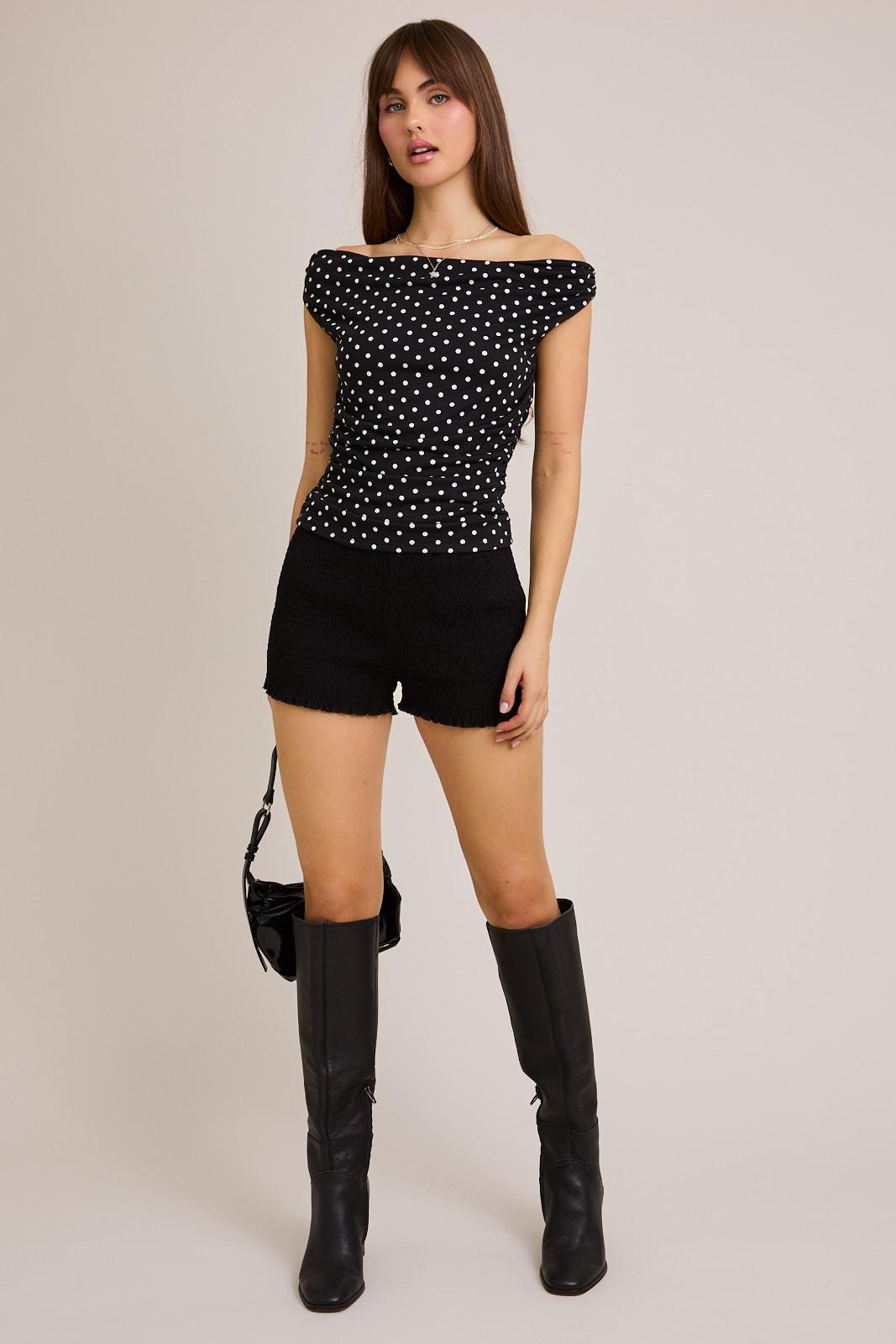 Polka Dot Off Shoulder Top - Black with White Dots